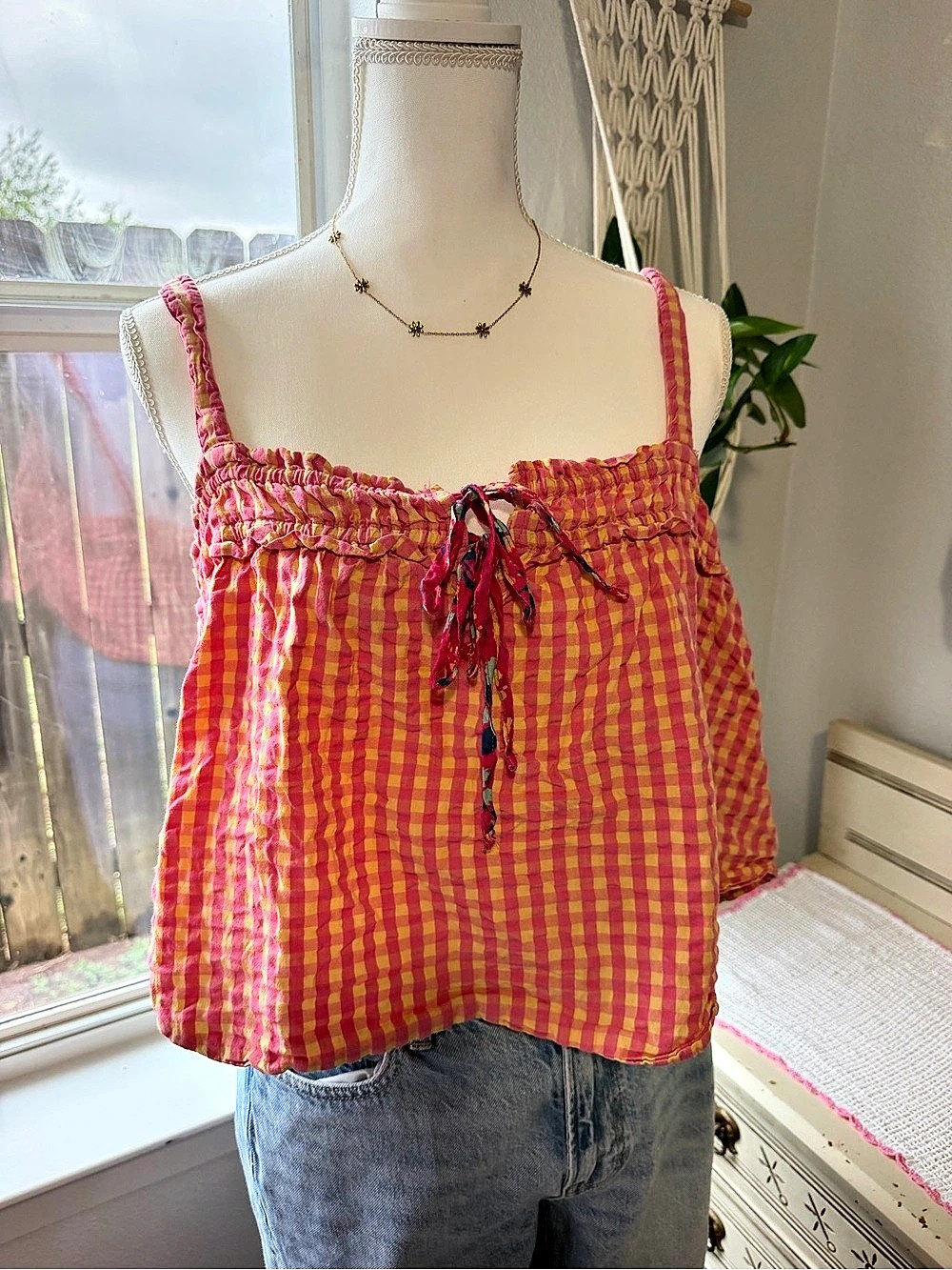 Free People Sundance Tank Gingham Camisole Pink & Yellow Medium